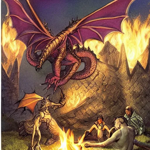 Prompt: wingless dragon telling a story around a campfire, in the style of brian froud