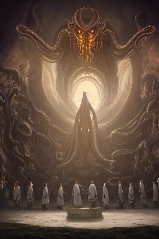 Image similar to center view of a group of priest in circle invoking an hyper realistic lovecraft creature portrait in a huge ritual portal, 4 k, fantasy art, glamorous composition, wide - angle shot, cinematography lighting, volumetric fog, vivid colors, realistic, octane render, unreal engine, frank frazzeta, hyper realistic matte painting