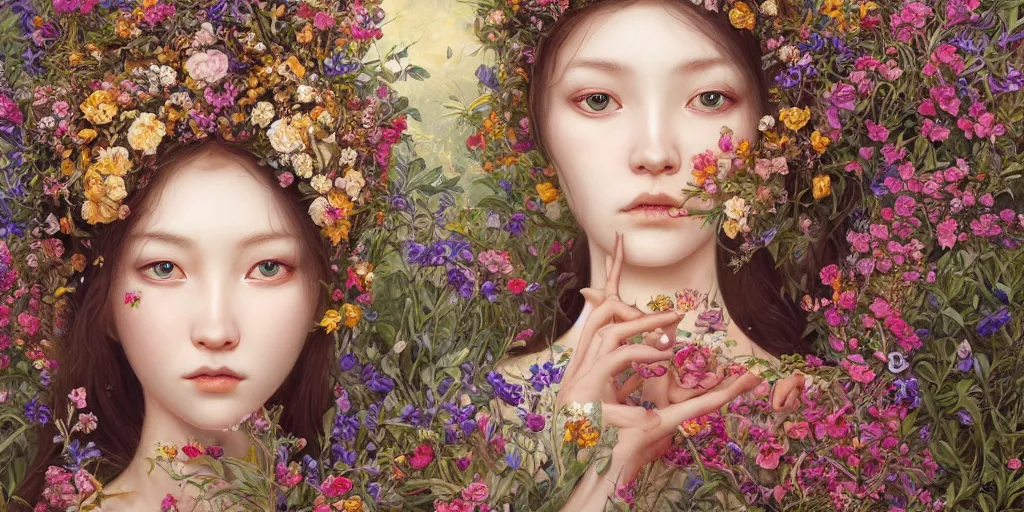 Image similar to breathtaking detailed concept art painting of the queen of flowers, orthodox saint, with anxious, piercing eyes, ornate background, amalgamation of leaves and flowers, by Hsiao-Ron Cheng, James jean, Miho Hirano, Hayao Miyazaki, extremely moody lighting, 8K