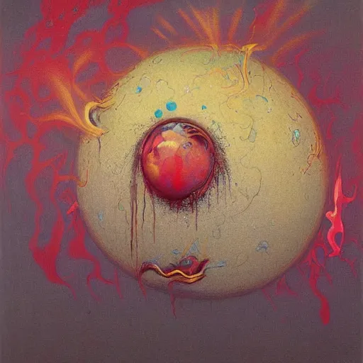 Image similar to a sphere being devoured by abstract splatters of paint in the style of francis bacon, venus being engulfed in flames in the style of james jean, surreal, beksinski, high detailed