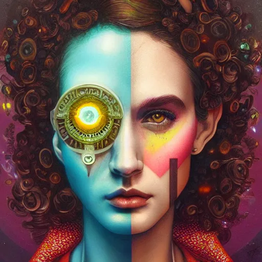 Image similar to Lofi cyberpunk portrait beautiful woman with short brown curly hair, roman face, phoenix, rainbow, floral, Tristan Eaton, Stanley Artgerm, Tom Bagshaw