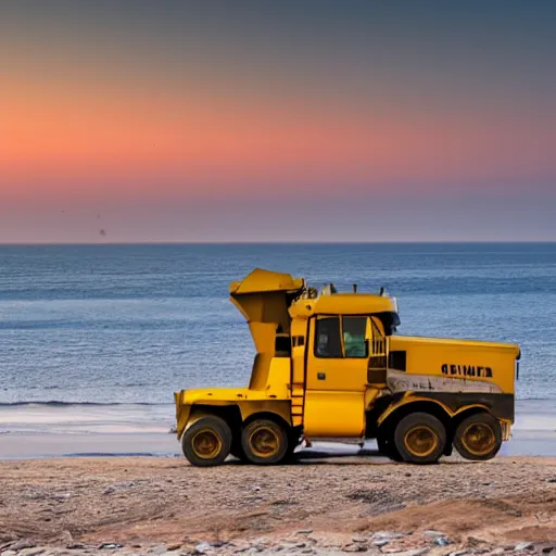 Image similar to a mining dump truck chilling on the beach, sunset