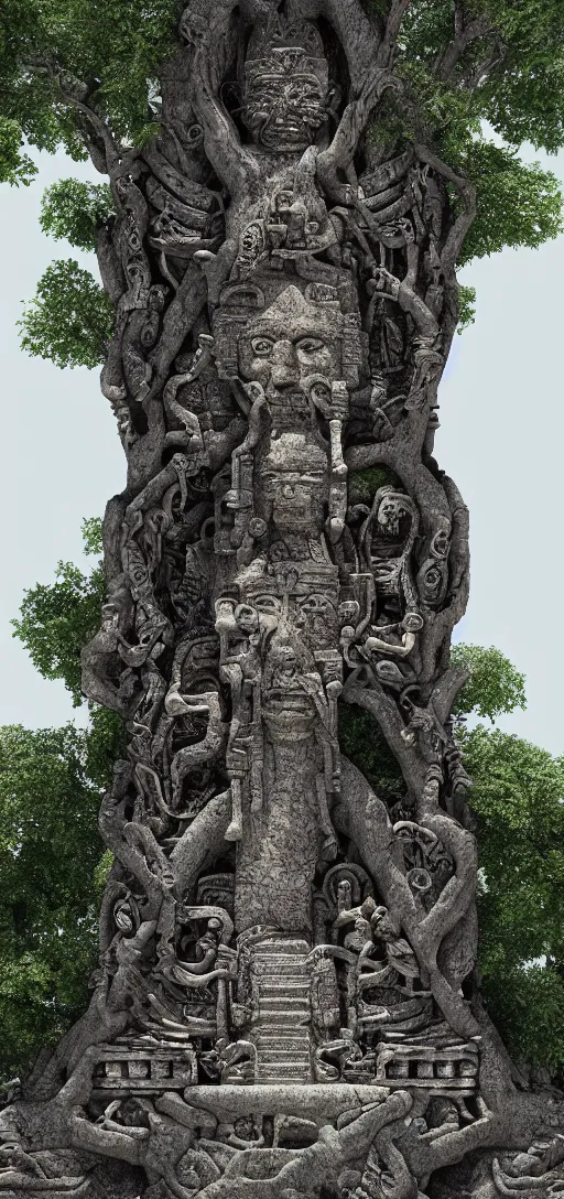 Image similar to portrait of mayan gods carved in a tree, octane render, photorealism, highly detailed, hdr, 8 k, complex 3 d render, hyper detailed, ultra sharp