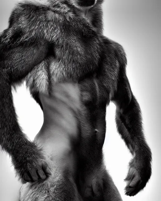 Image similar to a man wolf centaur, has the head of a timber wolf, torso of a man, and body of a wolf, standing on four legs, covered in fur, highly realistic, Rick Baker style, photoreal, studio lighting