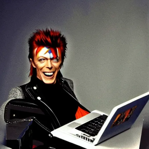 Image similar to david bowie in heaven, laughing at memes about himself on a laptop