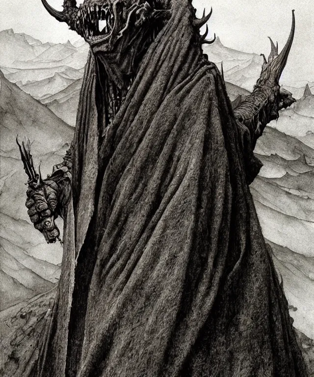 Image similar to A detailed horned crocodileman stands among the hills. Wearing a ripped mantle, robe. Fangs. Extremely high details, realistic, fantasy art, solo, masterpiece, art by Zdzisław Beksiński, Arthur Rackham, Dariusz Zawadzki