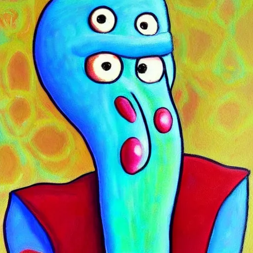 Prompt: handsome squidward portrait, painting, colorful