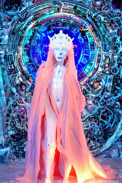 Image similar to photo of full-body baroque and cyberpunk delicate neon crystalline sculpture of ((beautiful feminie albino Spanish princess)) as an onyx humanoid deity wearing ((peach plastic hooded cloak)) (holding an onyx skull) in a onyx aztec temple, reclining, glowing blue face, crown of (pink lasers), large blue diamonds, swirling black silk fabric. futuristic elements. oozing glowing liquid, full-length view. space robots. intricate artwork by caravaggio. Trending on artstation, octane render, cinematic lighting from the right, hyper realism, photorealistic, octane render, 8k, depth of field, 3D