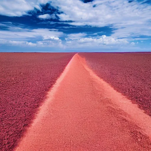 Prompt: purple road on a red sand beach