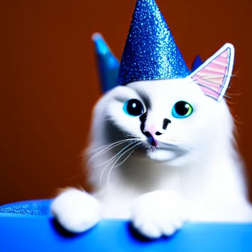 Image similar to toy cat wearing a blue crown , HD , 4k