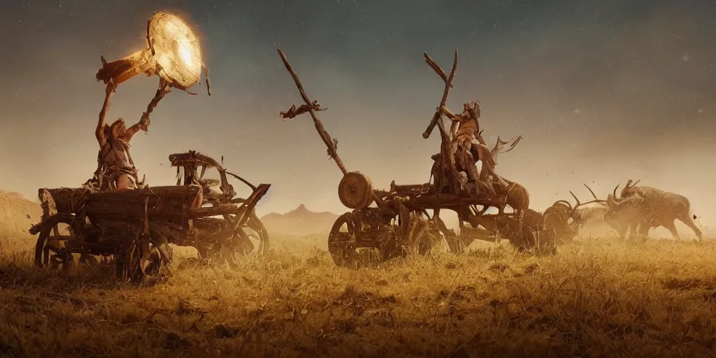 Image similar to photo of an ancient tribesman on ancient atv with big wooden wheels, hunting panicked buffalo herd ,attacking, wild chase, action scene, an epic fantasy, dramatic lighting, cinematic, establishing shot, extremely high detail, photorealistic, cinematic lighting, artstation, octane render, by simon stalenhag, horizon forbidden west,old photo, high speed photography, vintage