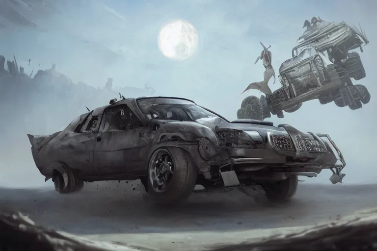 Image similar to a Nissan Tiida, in Mad Max style, coriolios rpg art style, full of details, dark sci-fi, white, matte painting, artstation, 8k, hyperrealistic, style of peter mohrbacher