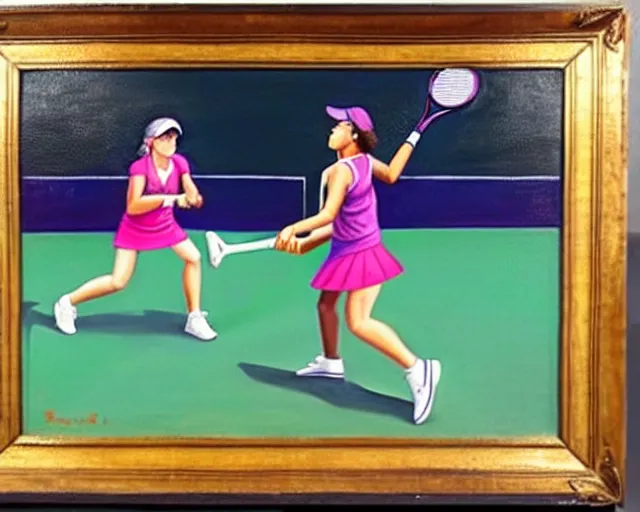 Prompt: ray lewis, ray lewis playing tennis with high school girls, high school girls, oil on canvas