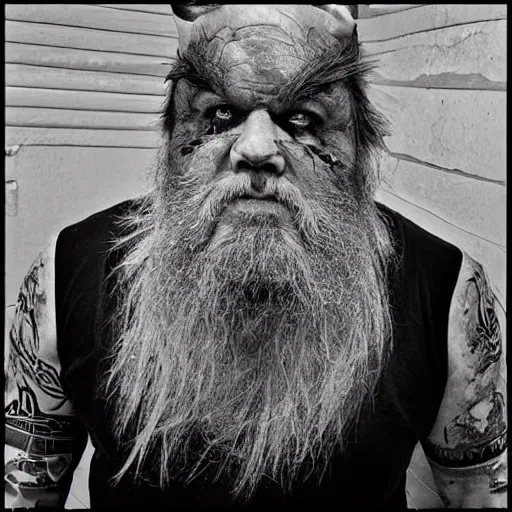 Image similar to old angry scarred whitebearded dwarf, wearing wolf pelt, runic geometry tattoos on face
