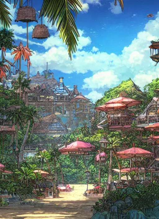 Image similar to Fantasy tropical port town view from the beach. hidari, color page, tankoban, 4K, tone mapping, Akihiko Yoshida.