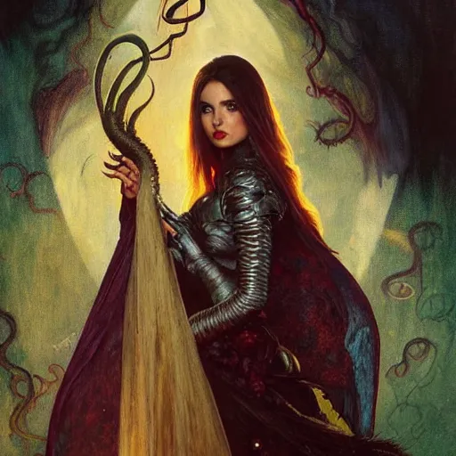 Image similar to half length portrait of ana de armas as a warlock using cthulhu magic, d & d, medieval, fantasy, royo, klimt, miro, vallejo, frazetta, alphonse mucha, greg rutkowski, whealan