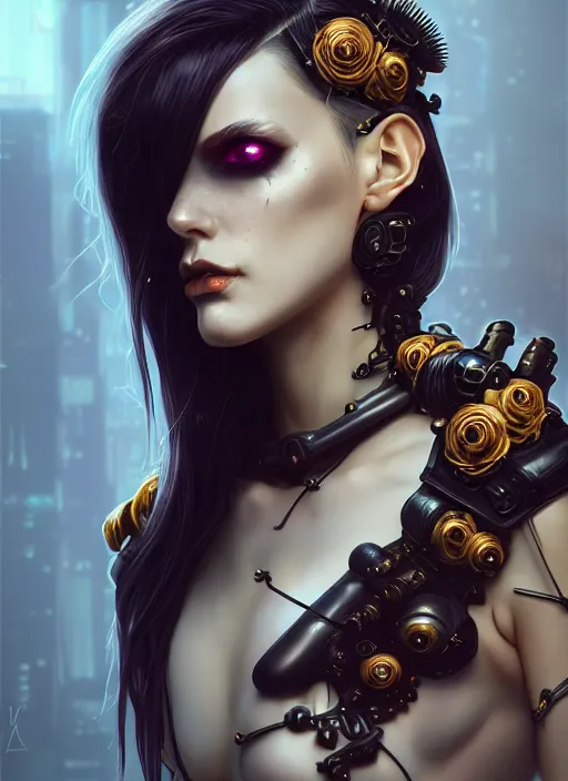 Prompt: soft lustrous seductive ivory ebony dark gutter punk gothic cyborg, golden ratio, flowerpunk, details, scifi, fantasy, cyberpunk, intricate, decadent, highly detailed, digital painting, octane render, artstation, concept art, smooth, sharp focus, illustration, art by artgerm, loish, wlop