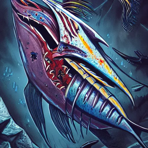 Image similar to zombified tribal sailfish, trending on artstation, ultra fine detailed, hyper detailed, hd, concept art, digital painting