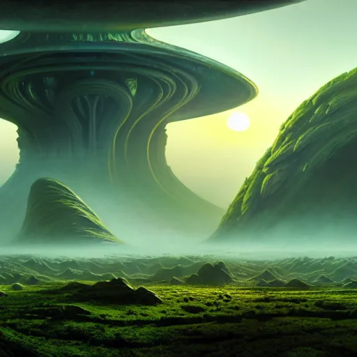 Image similar to a beautiful matte painting of an alien landscape of lush and mystical flora, remnants of a crashed spaceship, alien creatures emerging, sunrise, by Giger and Ralph McQuarrie and Bruce Pennington, cinematic lighting, ambient light, hyperrealism, hires, octane render, 8k, iridescent accents, vray