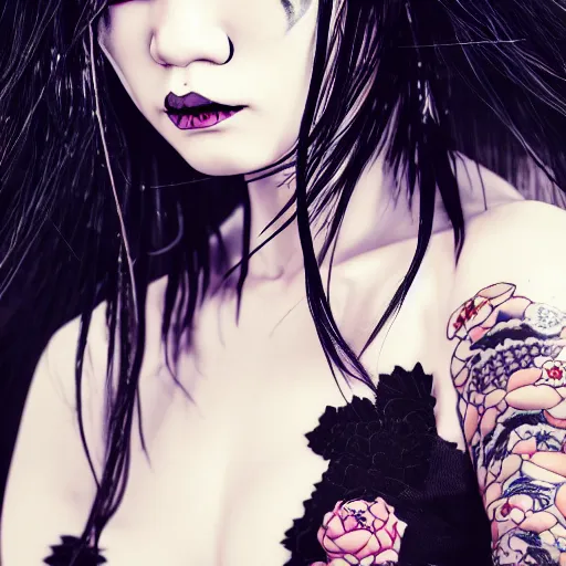 Image similar to japanese gothic model with maximalist hair style and kanji tattoos, dark colors, fashion model, portrait shot, depth of field, 8 k, hyper detailed, intricate, trending on artstation