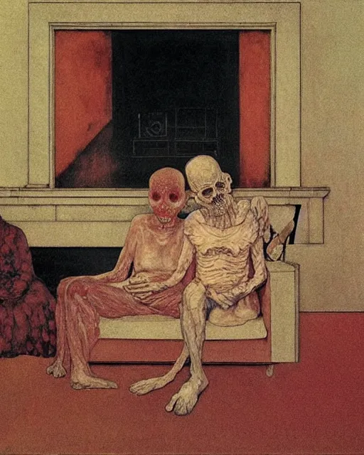 Prompt: an old dead couple sitting on an old couch in an old apartment next to fire place,  Francisco Goya painting, part by Beksiński and EdvardMunch. art by Takato Yamamoto, Francis Bacon masterpiece