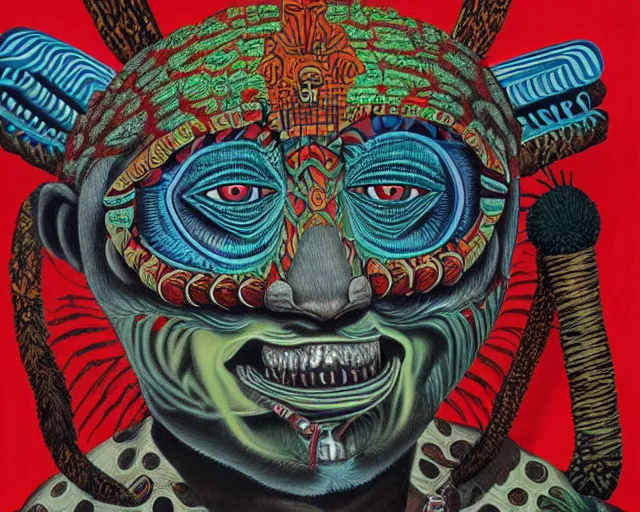 Image similar to a detailed acrylic painting of mayan jaguar warrior, the artist is charles burns, alex grey, cut out collage 1 9 7 6.