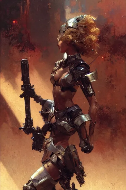 Prompt: futuristic women with medieval armor, holding a gun, painting by gaston bussiere, craig mullins, greg rutkowski, yoji shinkawa