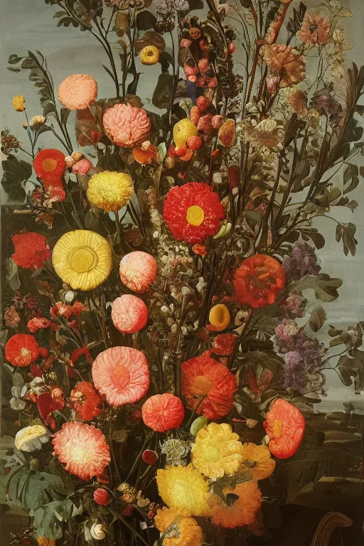 Image similar to still life of a bouquet of flowers made of gummy bears and jelly beans, rubbery translucent sweets, highly detailed, close up, Northern Renaissance