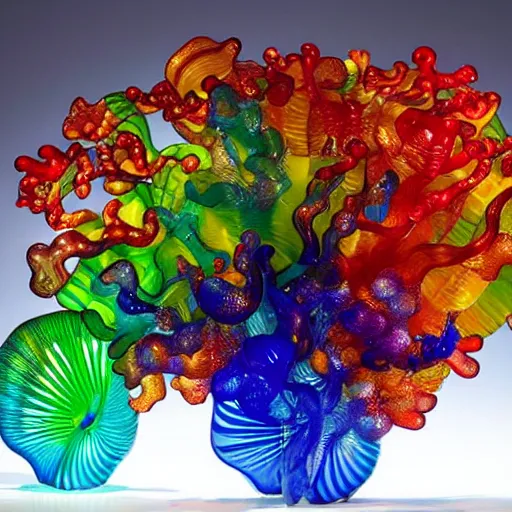 Prompt: bioluminescent coral reef glass art by dale chihuly