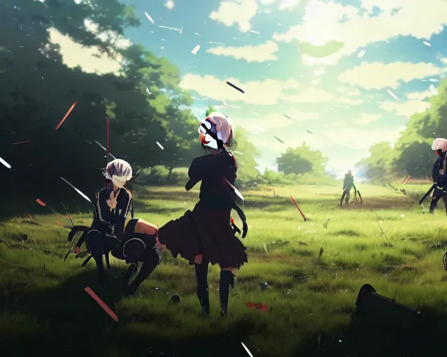 Image similar to the aftermath of a battle in a field anime key visual, official media, illustrated by wlop, extremely detailed, 8 k, trending on pixiv, cinematic lighting, beautiful