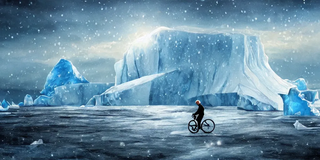 Image similar to A majestic arctic landscape featuring an iceberg and frozen sea. There is a man riding a bicycle. Snow is falling. Cinematic, very beautiful, painting in the style of Lord of the rings