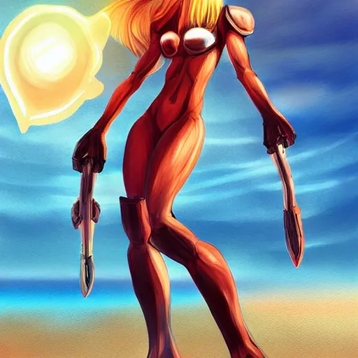 Prompt: Samus Aran\'s casual day at the beach, high quality digital art by Sakimichan