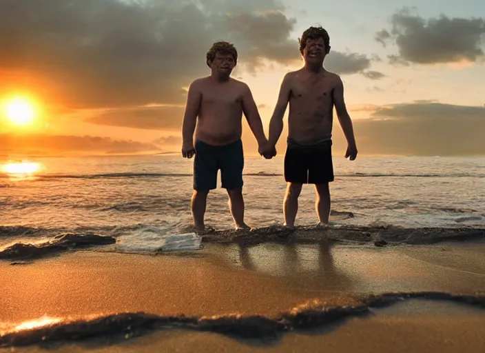 Image similar to gollum and samwise gamgee on a beach, holding hands, smiling, sunset, ultra realistic, cinematic
