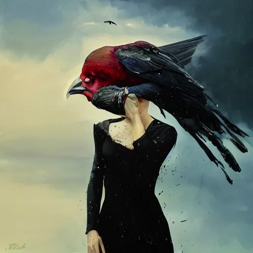 Image similar to morning, a woman in a black dress with raven for a head. sun, cinematic, clouds, vogue cover style, contracting colors mood, realistic painting, intricate oil painting, high detail, figurative art, multiple exposure, poster art, 3 d, by simon bisley, ismail inceoglu, wadim kashin, filip hodas.
