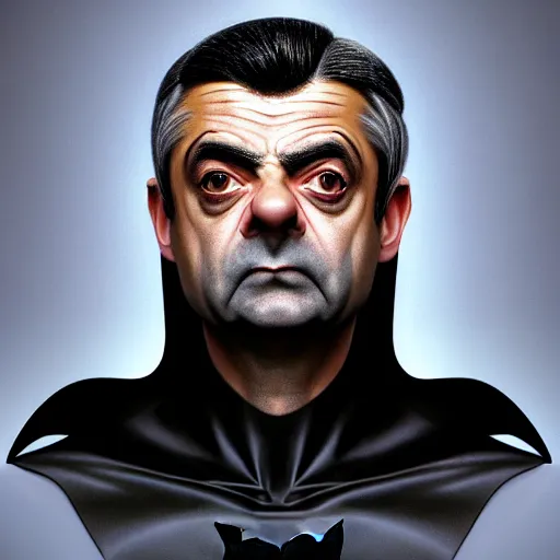 Image similar to hyperrealistic mixed media high resolution painting of (Rowan Atkinson) disguised as !!Batman!!, stunning 3d render inspired art by Jamie Salmon and István Sándorfi and Greg Rutkowski, perfect facial symmetry, dim volumetric lighting, 8k octane beautifully detailed render, full body shot, post-processing, extremely hyper-detailed, intricate, epic composition, highly detailed attributes, highly detailed atmosphere, cinematic lighting, masterpiece, trending on artstation, very very detailed, masterpiece, stunning, flawless completion, lifelike texture, perfection,