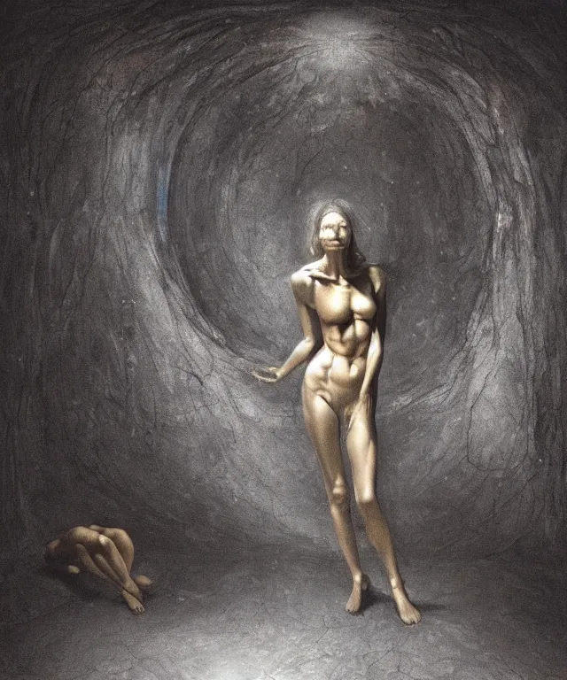 Image similar to The dark room without doors and windows with beautiful full-body wax sculpture of the glowing transparent woman with visible golden bones inside her in the singularity where stars becoming baroque folds of dark matter by Michelangelo da Caravaggio, Nicola Samori, William Blake, Alex Grey and Beksinski, dramatic volumetric lighting, super detailed oil painting, 8k, masterpiece