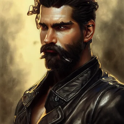 Prompt: Portrait of muscular man with stubble beard wearing a black leather jacket, upper body, intricate, wild, highly detailed, digital painting, artstation, concept art, smooth, sharp focus, illustration, art by artgerm and greg rutkowski and alphonse mucha