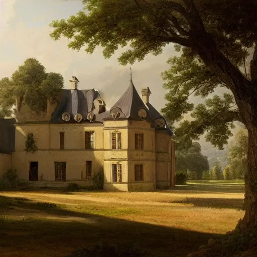 Image similar to a large serene beautiful matte painting of a delapitaded quaint french country castle in a state of disrepair, covered in vines, by asher brown durand and george ault featured on artstation