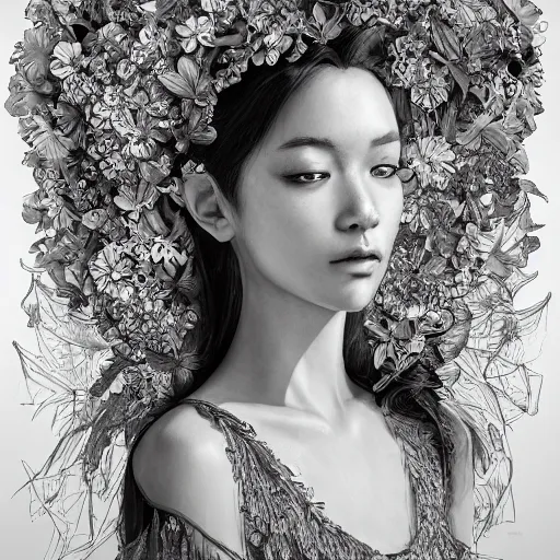 Prompt: the portrait of the most beautiful, graceful, and elegant young woman made of bananas and petals, an ultrafine detailed illustration by kim jung gi, rossdraws, irakli nadar, intricate linework, bright colors, final fantasy, behance contest winner, angular, unreal engine 5 highly rendered, global illumination, radiant light, detailed and intricate environment