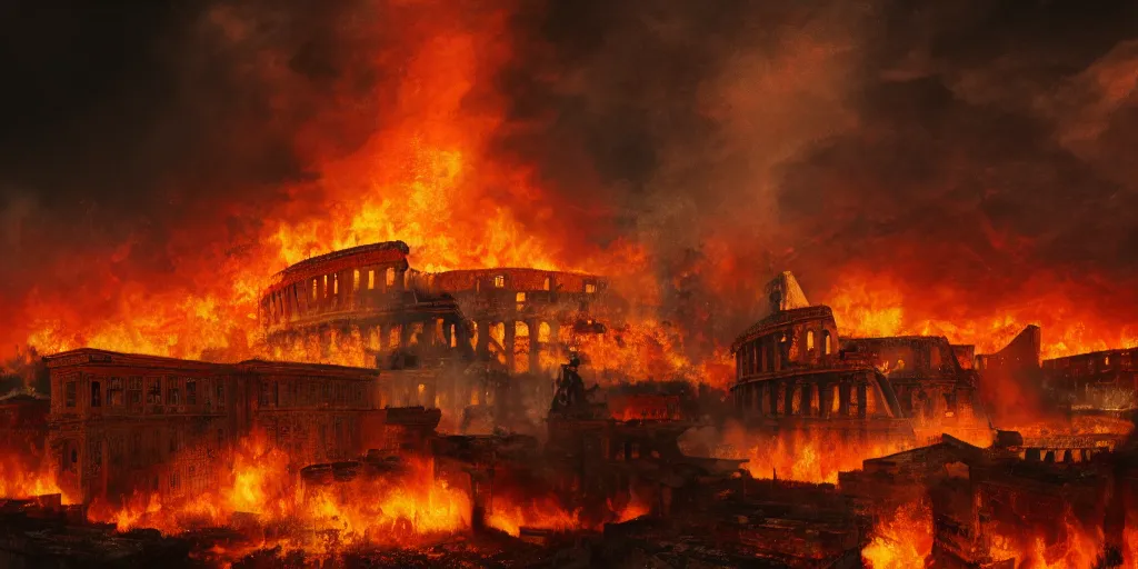 Prompt: Painting of the great fire of rome, abstract, realism, 8k, detailed, terror, octane render, 3d render, complex emotion, glow, orange, beautiful, cinematic