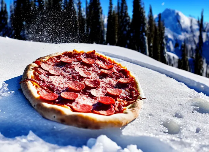 Image similar to clear highly detailed photorealistic food photograph of a pizza half stuck frozen in an ice cube with salami pepperoni lying in the snow, skiers in the background