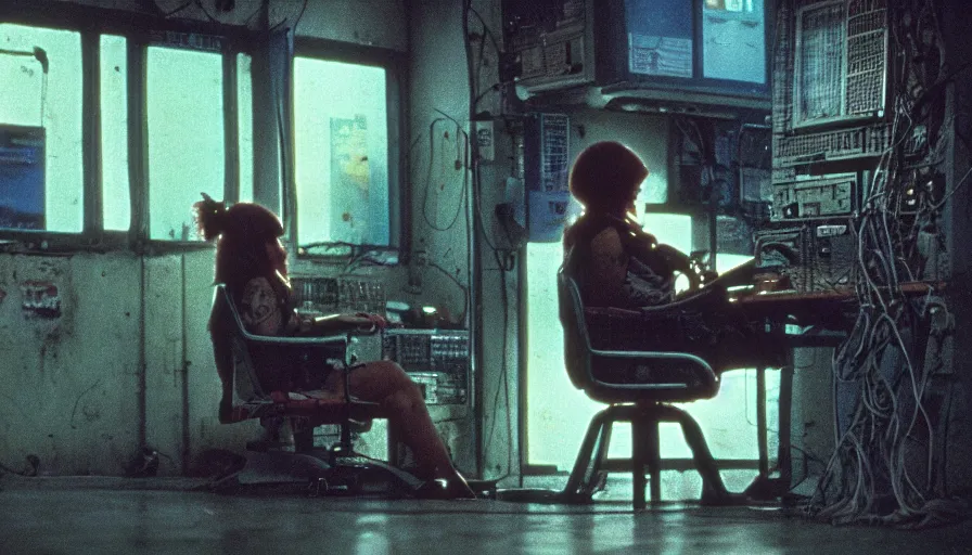 Prompt: 1 9 8 0 s movie still, beautiful female neuromancer, orc sitting on a chair, brain connected to computer, wires, computers, cinestill 8 0 0 t 3 5 mm, high quality, heavy grain, neon, cyberpunk, shadowrun, dirty, high detail, panoramic, cinematic composition, dramatic light, ultra wide lens, anamorphic