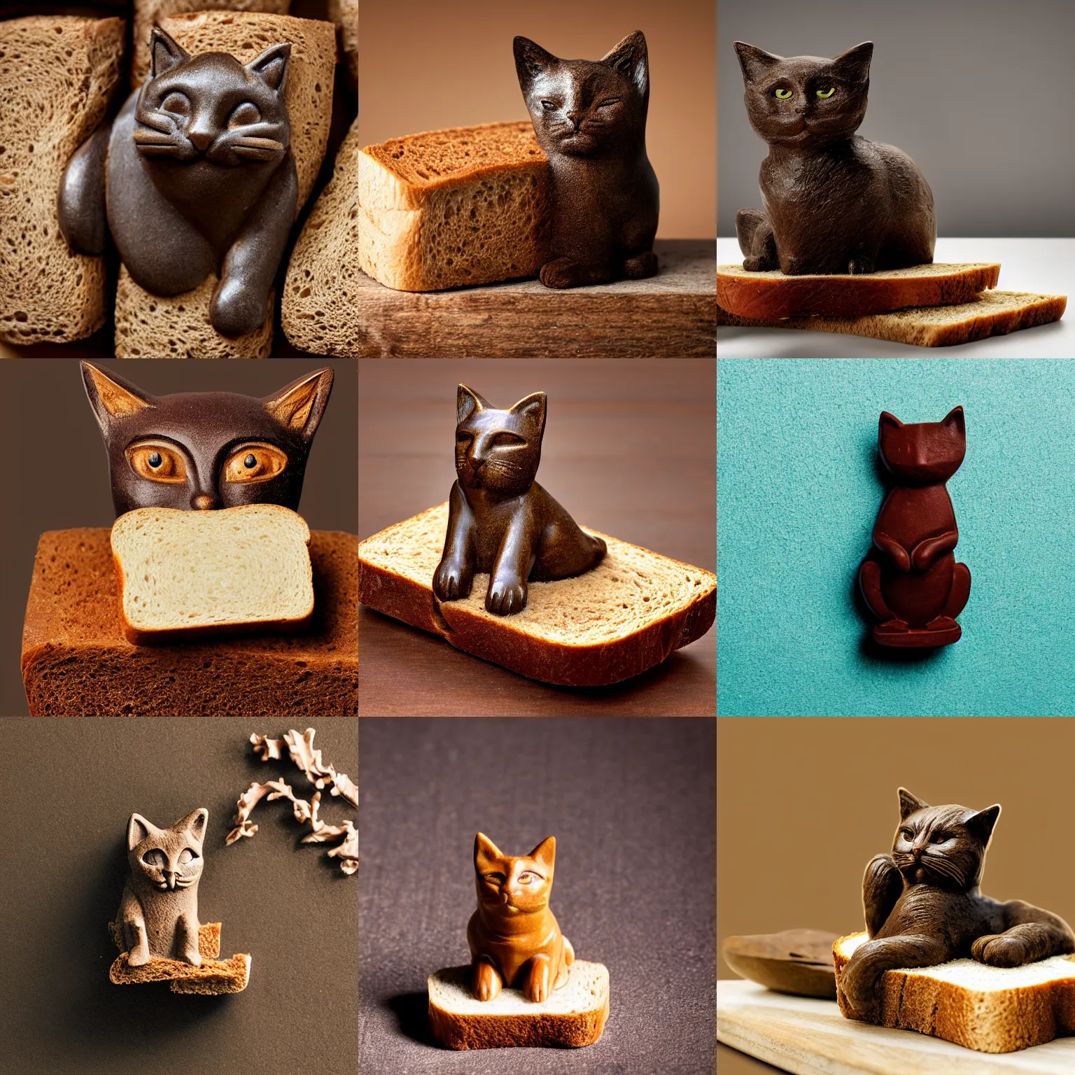 Prompt: A brown statuette of a cat on a piece of bread. solid Background.