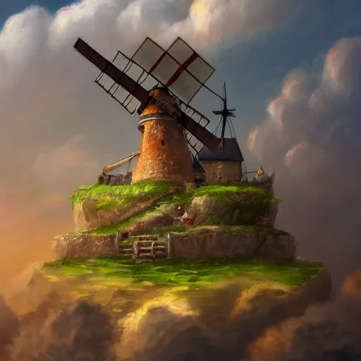 Image similar to A floating island in the clouds with a small medieval village and a windmill on top of it, D&D, magical, highly detailed, digital painting, trending on artstation, 8k