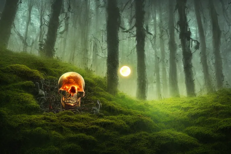 Image similar to a burning human skeleton behind computer overgrown with moss, in foggy forest, at night with moon light, dark atmosphere, fantasy, digital art