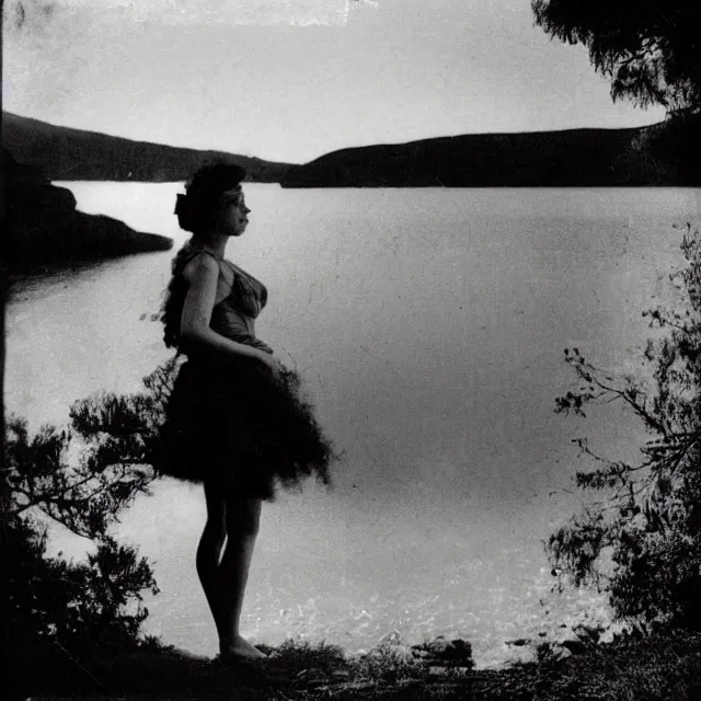 Prompt: greek goddess by a lake, vintage film photograph