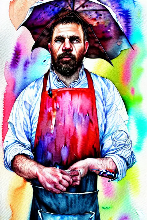 Prompt: watercolor portrait of a butcher with a white apron, raining, romantisism, outrun, pastel colors, painting, dramatic, detailed, by android jones