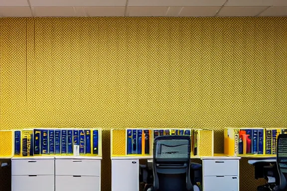 Image similar to an endless office space with old yellow wallpaper from the 1970s lit by fluorescent lights with no windows