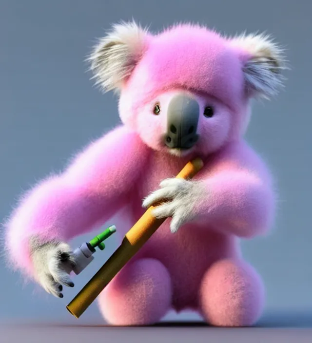 Image similar to high quality 3 d render hyperrealistic very cute small pink koala smoking weed joint, rising smoke, plush mascot, short spiky dense fluffy smooth hair, photo from the side, pink fluffy fur, 1 5 0 mm, beautiful natural soft light, rim light, vray, smooth background, artstation, ultra detailed