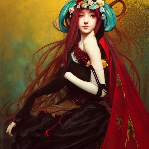 Image similar to a beautiful portrait of hatsune miku with long black and deep red colored hair dressed as a 1 9 th century european noblewoman, intricate, elegant, highly detailed, digital painting, artstation, concept art, matte, sharp focus, illustration, art by greg rutkowski and alphonse mucha